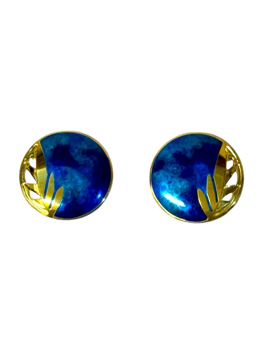 Edgar Berebi 1983 Large Round Gold Leaf & Guilloché-Style Enamel Button Earrings